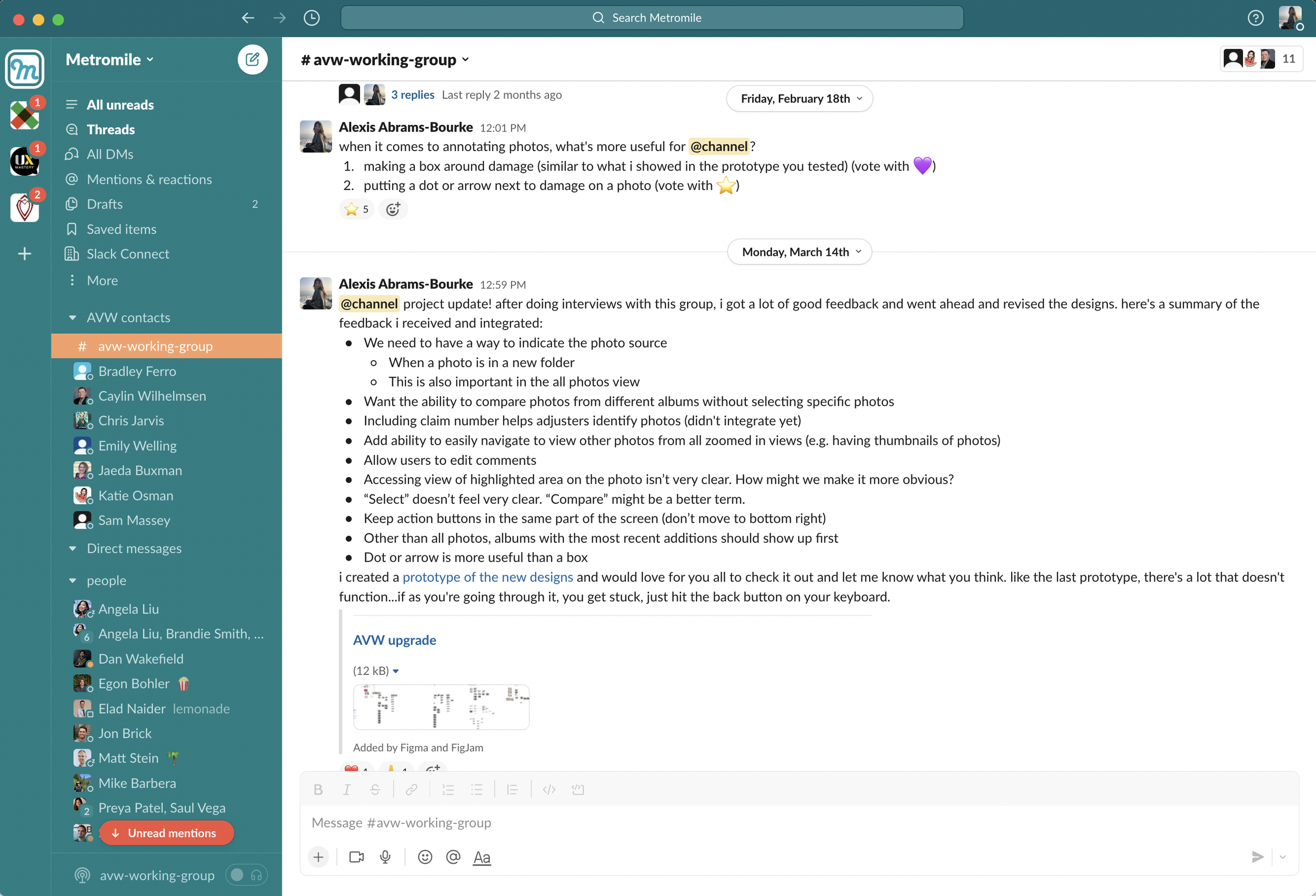 A screenshot of the avw-working-group Slack channel sharing the latest research findings, designs, and annotation questions with the adjuster team.